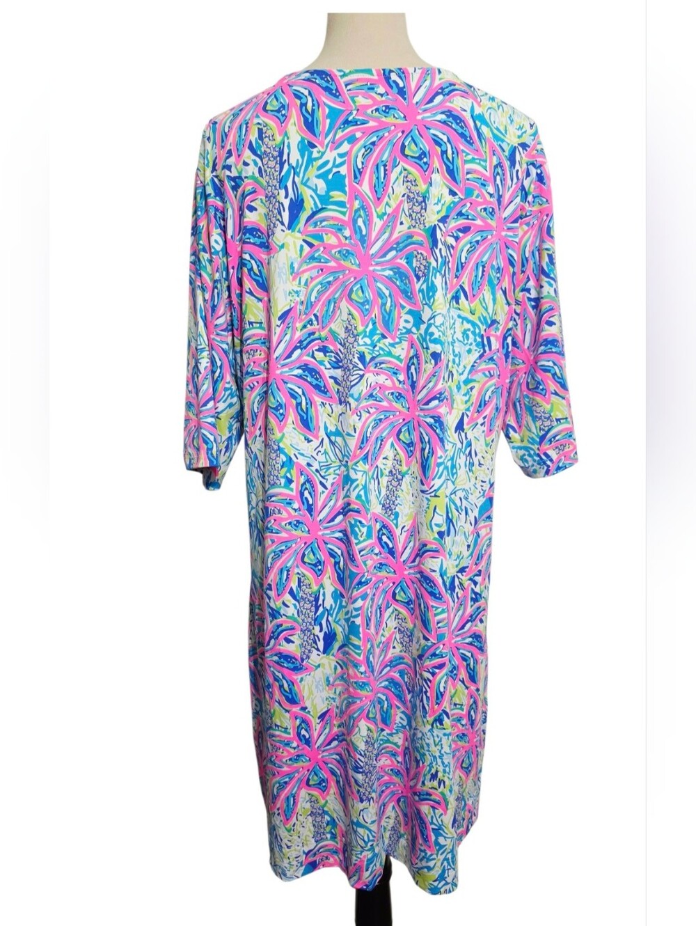 Lulu-B 1X SPF 50 Tropical Palm Print Dress Pink Blue 3/4 Sleeve Resort Plus - Picture 6 of 14